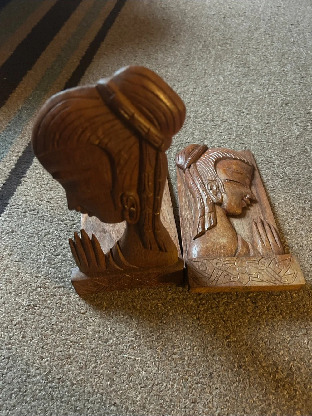Vintage Hand Carved Wood Bookends - Brown